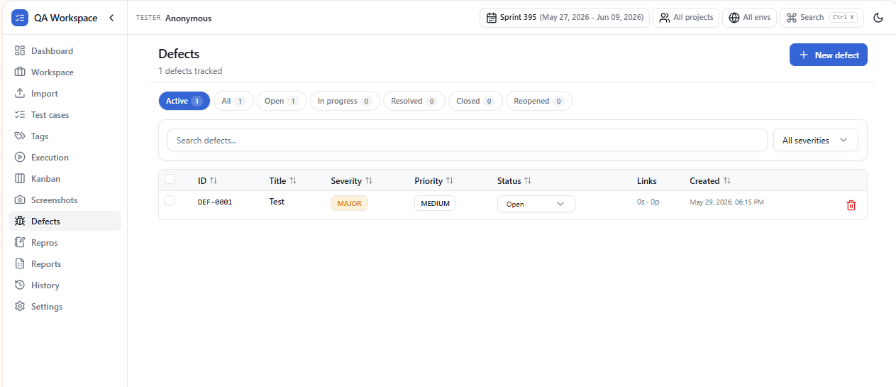 Defect tracking page with severity, priority, status, and linked test step