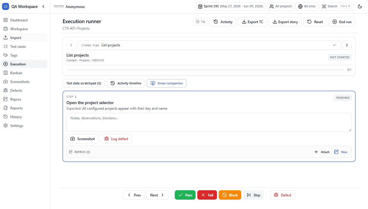 Execution runner showing active test case with step status and notes