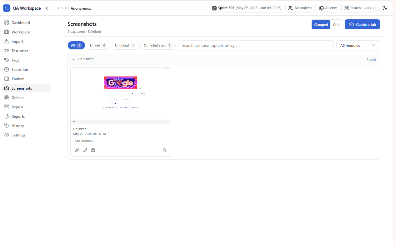 Screenshot capture in QA Workspace with caption dialog and annotation tools