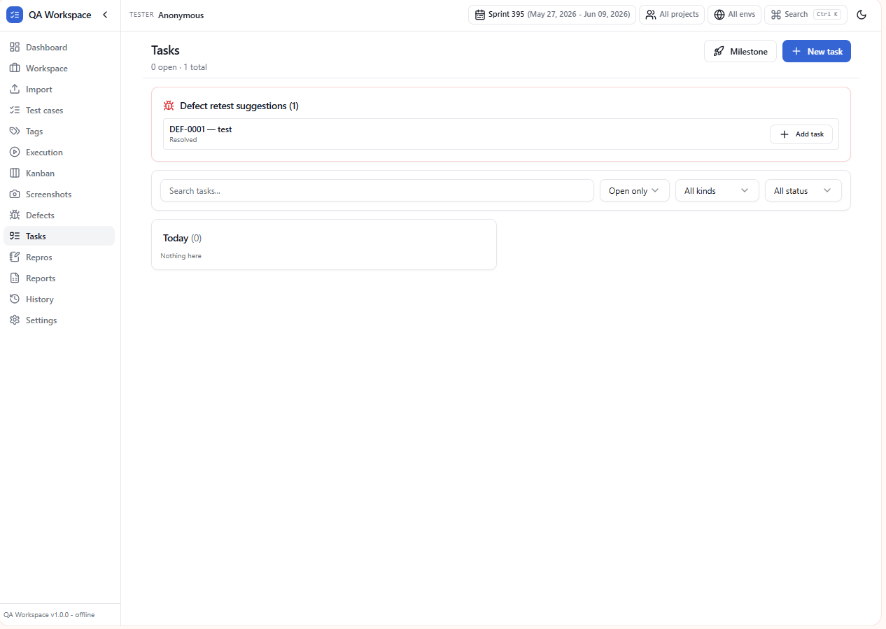 Task tracking page with retest suggestions and today queue